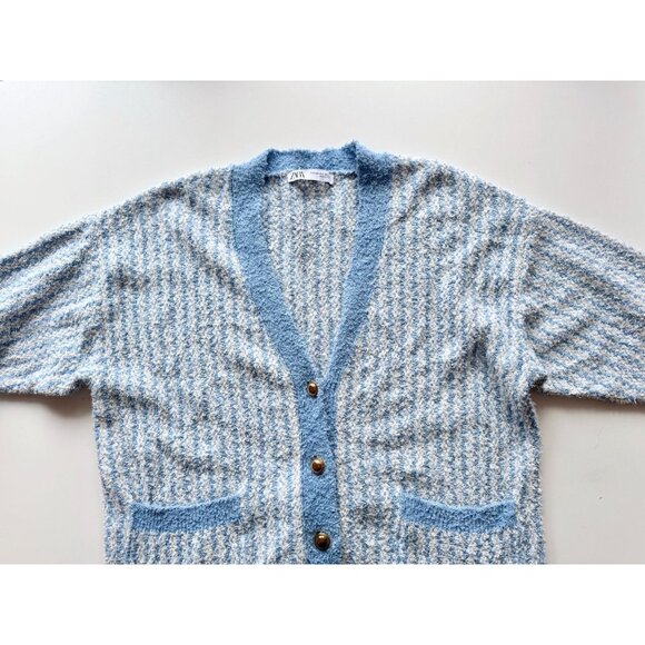ZARA Blue White Cotton Blend Fuzzy Knit Oversized Cardigan Sweater, Size XS-S - Picture 7 of 15